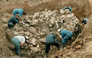 (FILES) Forensic experts from the International war crimes tribunal in the Hague works on a pile of partly decomposed bodies, on July 24, 1996 found in a mass grave in the village of Pilica some 300 km northeast of Sarajevo. The victims in the human sculpture is said to be some of the 7000 men missing after Serbs overran the Moslem enclave of Srebrenica in July 1995. The wartime Bosnian Serb leader Radovan Karadzic, one of the world's most wanted men who stands indicted for genocide and crimes against humanity during Bosnia's 1992-1995 war, was arrested on July 21, 2008 after nearly 13 years on the run.  AFP PHOTO ODD ANDERSEN (Photo credit should read ODD ANDERSEN/AFP/Getty Images)