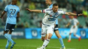 SYDNEY, AUSTRALIA - NOVEMBER 14:  Besart Berisha of the Victory scores a goal during the round six A-League match between Sydney FC and Melbourne Victory at Allianz Stadium on November 14, 2015 in Sydney, Australia.  (Photo by Cameron Spencer/Getty Images)