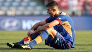 NEWCASTLE, AUSTRALIA - JANUARY 24: Jason Hoffman of the Jets looks dejected after losing during the round 16 A-League match between the Newcastle Jets and the Perth Glory at Hunter Stadium on January 24, 2016 in Newcastle, Australia. (Photo by Ashley Feder/Getty Images)