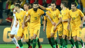 ADELAIDE, AUSTRALIA - MARCH 24:  Mile Jedinak of Australia celebrates with team mates after scoring a goal during the 2018 FIFA World Cup Qualification match between the Australia Socceroos and Tajikistan at the Adelaide Oval on March 24, 2016 in Adelaide, Australia.  (Photo by Cameron Spencer/Getty Images)